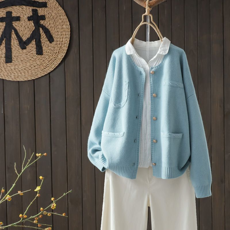 Autumn And Winter Long-sleeved Knitted Sweater With Button Pocket Outerwear